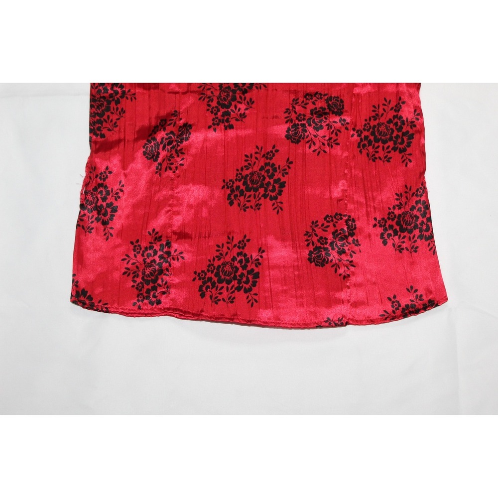 Y2K women's crinkled satin red black floral button down ruched short sleeve - Picture 10 of 10